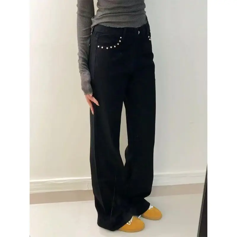 Americano rebite flare jeans feminino cintura baixa preto retro gótico jeans streetwear y2k harajuku menina quente hip hop moda jeans finos