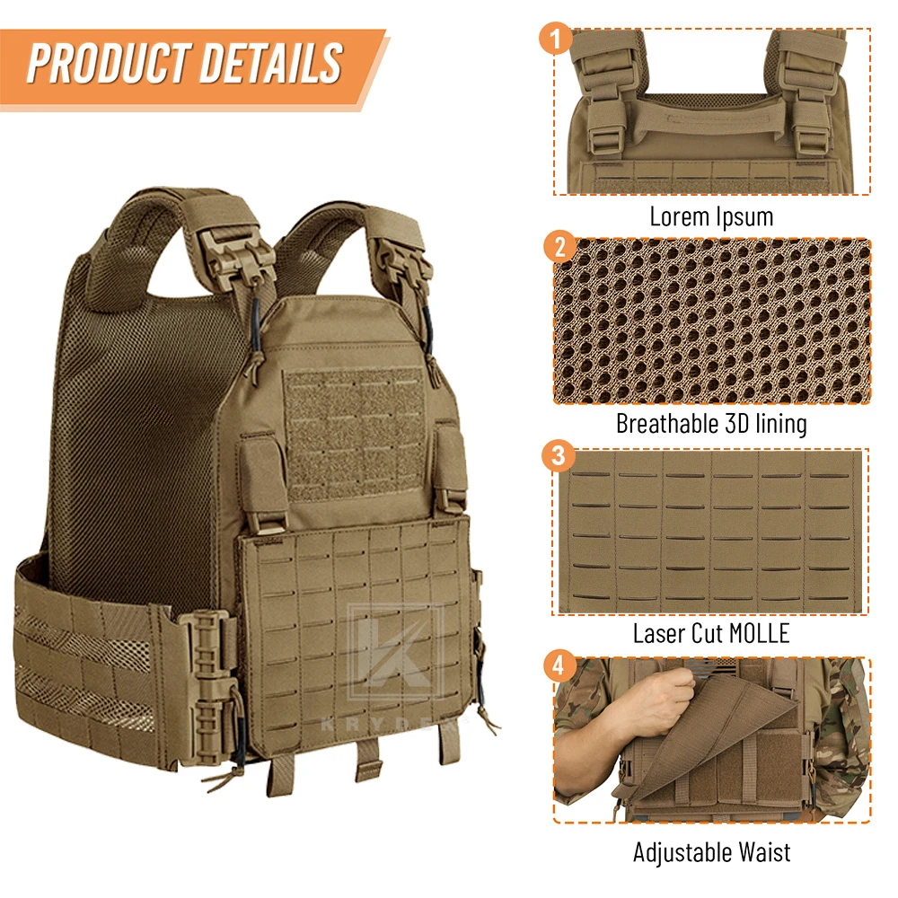 KRYDEX Tactical LAVC Laser Cut Molle Plate Carrier Body Armor Airsoft Outdoor Combat Men Vest