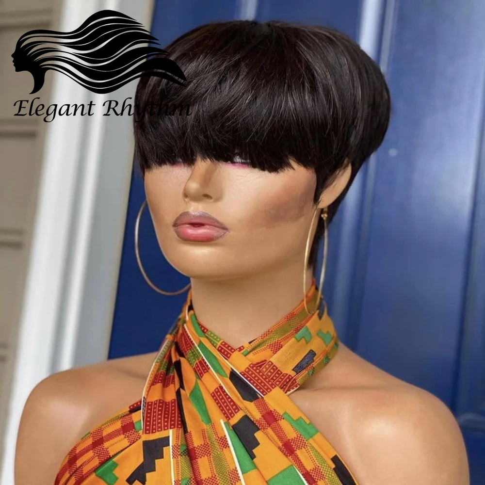 Short Pixie Cut Remy Human Hair Wigs for Black Women Natural Color Non Lace Front Glueless Layered Straight Pixie Wig with Bangs