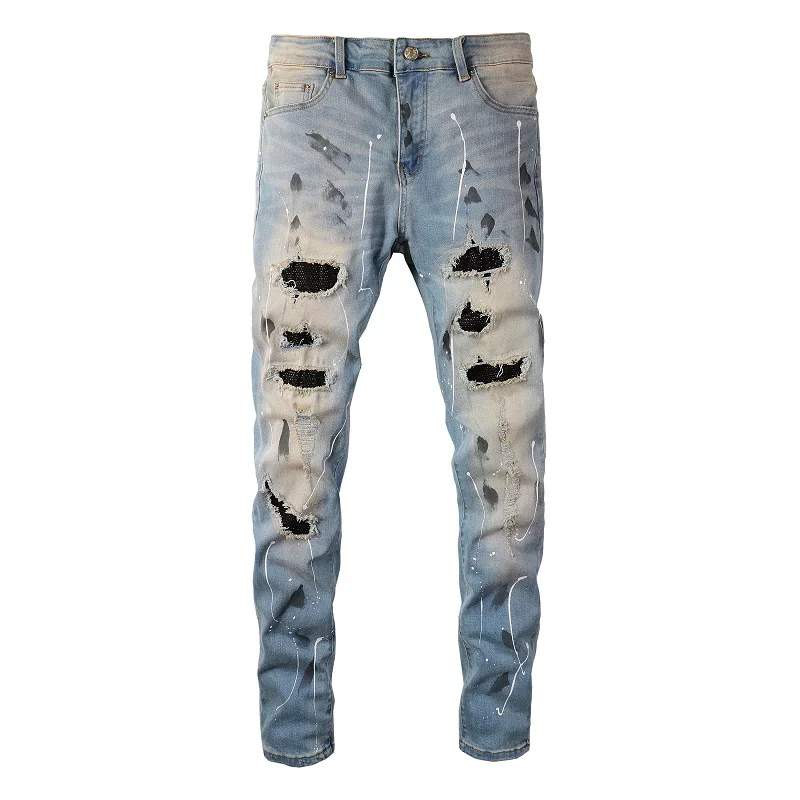 Blue High Street Holes Transparent Crystals Patchwork Stretch Slim Fit Rhinestones Patches Distressed Ripped Graffiti Jeans Men