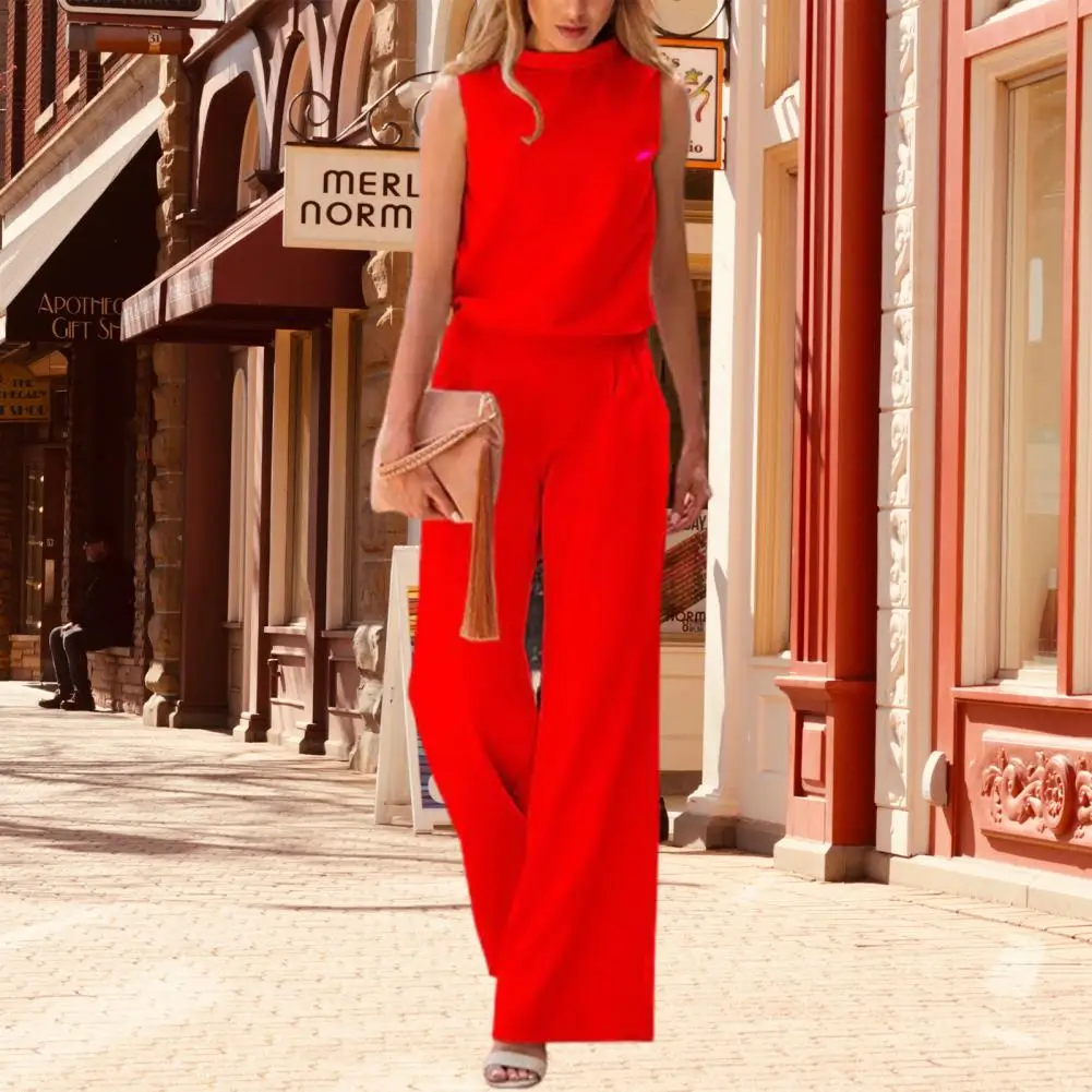 Elegant Women Summer Jumpsuit Ankle Length Summer Romper Pockets Straight Lady Jumpsuit  Match Shoes