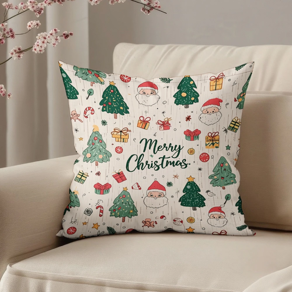 Square Throw Pillow Case Beige Merry Christmas Text Santa Claus Christmas Tree Gift Box Pattern For Home Sofa Chair Decoration