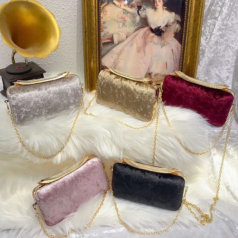 New Women Black Velvet Evening Clutch Bag Glitter Rhinestone Buckle Banquet Party Ladies Handbag Purse with Chain view 6