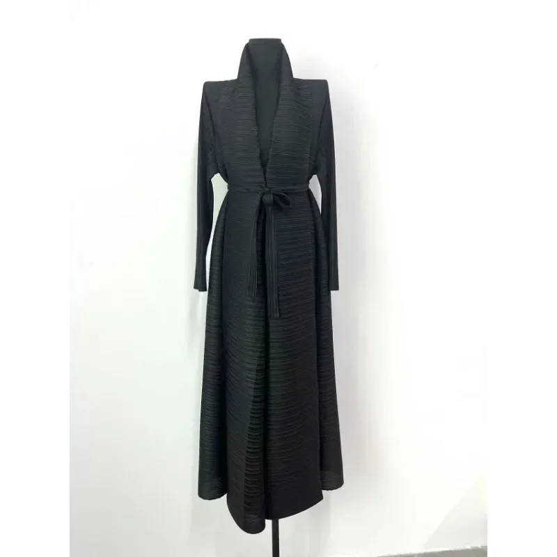 Miyake Pleated Black Gown Coat Cardigan Dress Chic Lapel Collar Ruched Maxi Skirt Women 2023 Fall Winter Streetwear