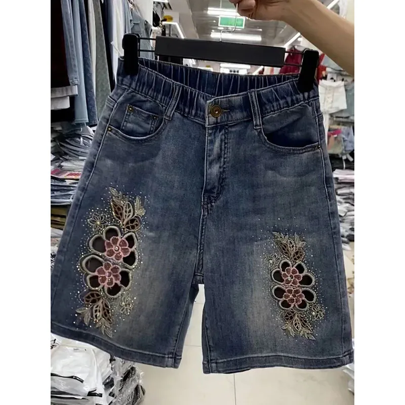 

Fashion High-waisted Slim Short Jeans Women's Summer 2026 New Embroidered Rhinestones Thin Wide-leg Shorts Female Denim Pants
