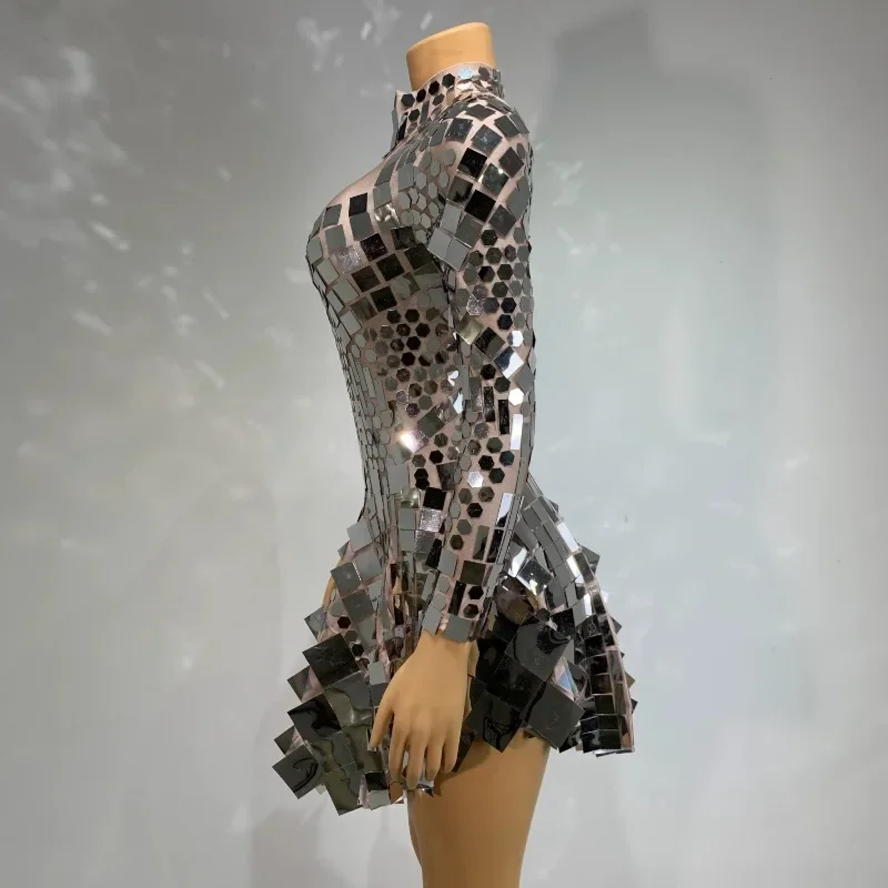 กระจกเงินยืดชุดมินิเต้นรํานักร้องเครื่องแต่งกาย Night Club Party Ball Gown ผู้หญิงเวทีสวมใส่กระพริบบาร์