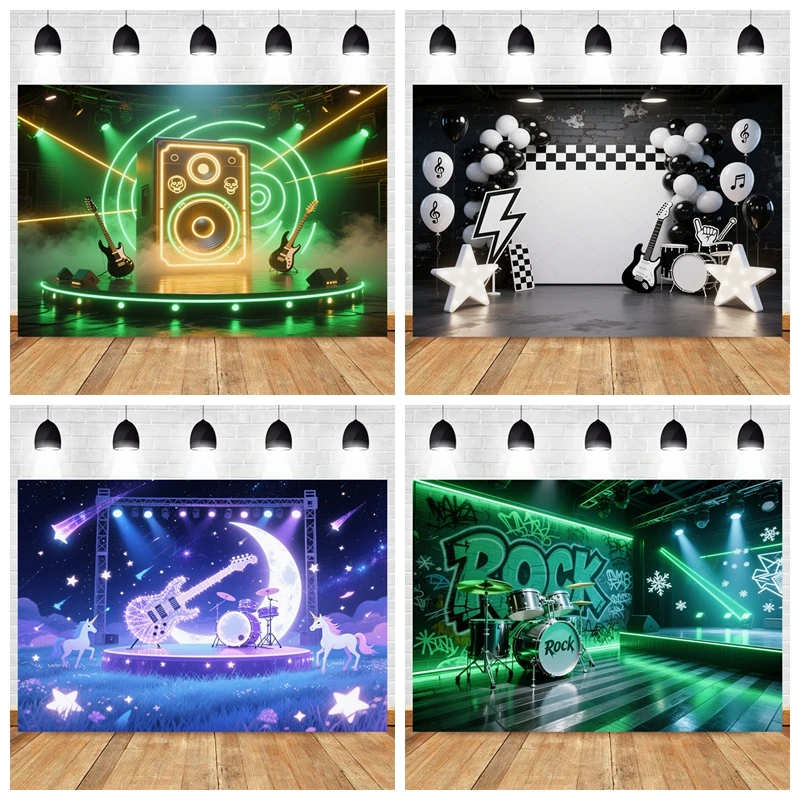 Rock Stage Birthday Party Backdrop Punk Drum Guitar Neon Laser Garage Custom Photo Booth Adult Kids Cake Banner Decor Props