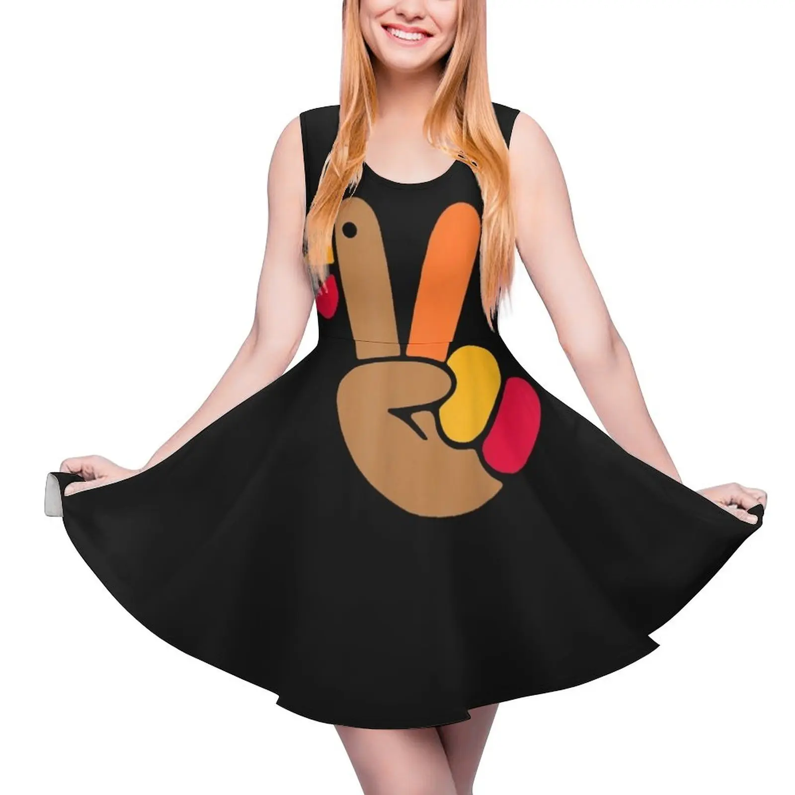 

Peace Hand Turkey Design For Ugly Thanksgiving Sweater Idea Sleeveless Dress summer dresses womens 2024 Women"s summer dresses