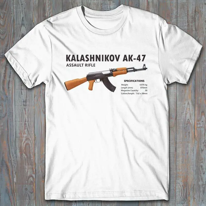 

USSR Russian KALASHNIKOV AK-47 Rifle Gun Specifications T-Shirt Short Sleeve Casual 100% Cotton T Shirts