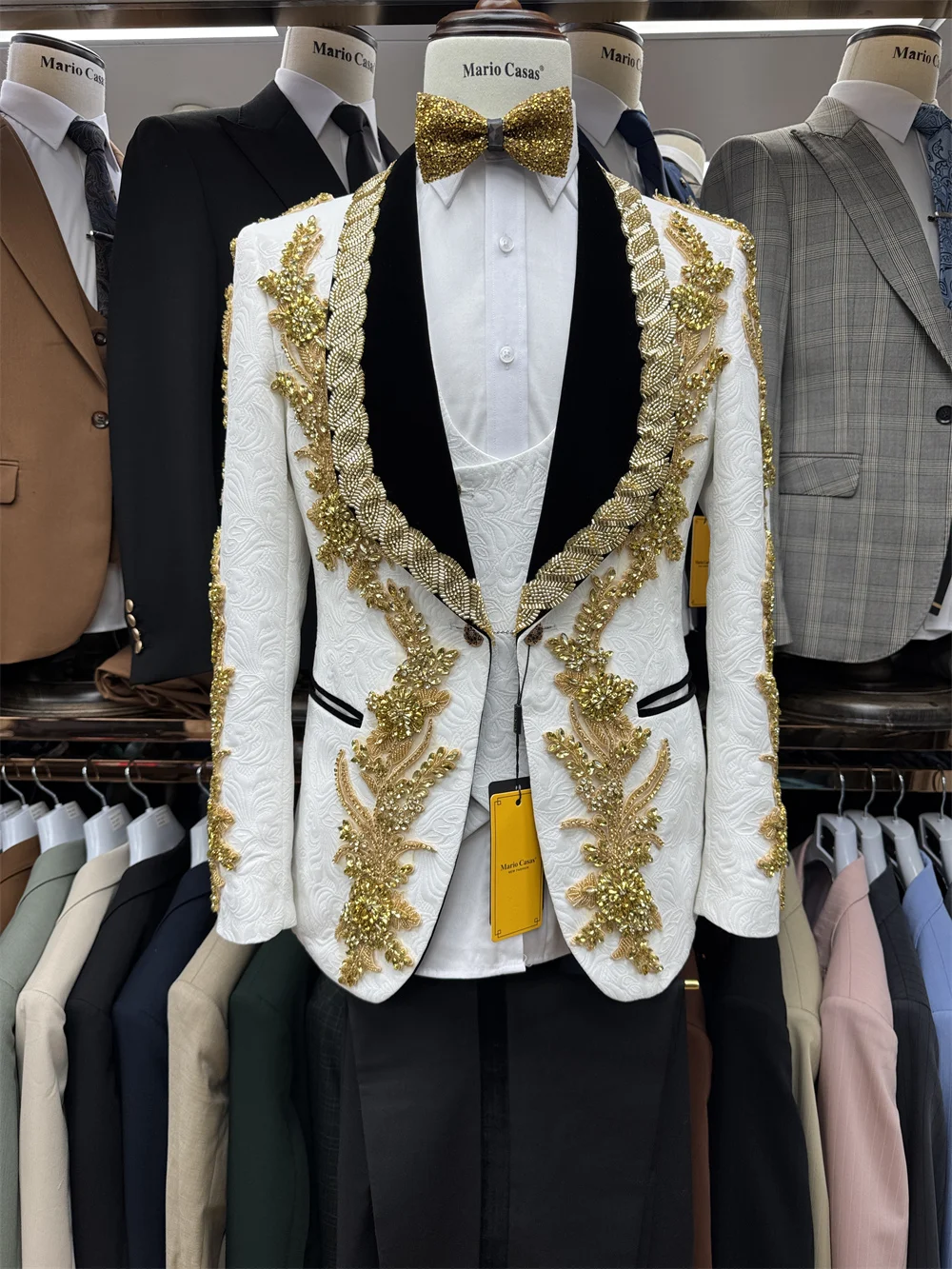 

DMDRS High-End Crystals Suit Set for Men, Three-Pieces Jacquard Muslim Luxury Suits Set Wedding Groom Tuxedo Fast Ship