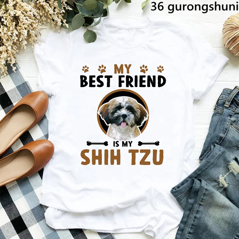 My Best Frriend Is My Shih Tzu Graphic Print Tshirt Women Clothes 2022 Cute Dog Lover T Shirt Femme Harajuku Kawaii Shirt Tops