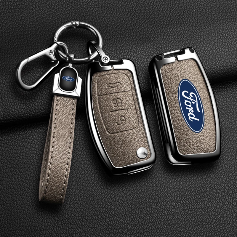 Zinc Alloy Leather Car 3 Buttons Flip Key Case Cover Smart Remote Shell For Ford Fiesta Focus MK2 Mondeo Kuga Galaxy C-Max S-Max