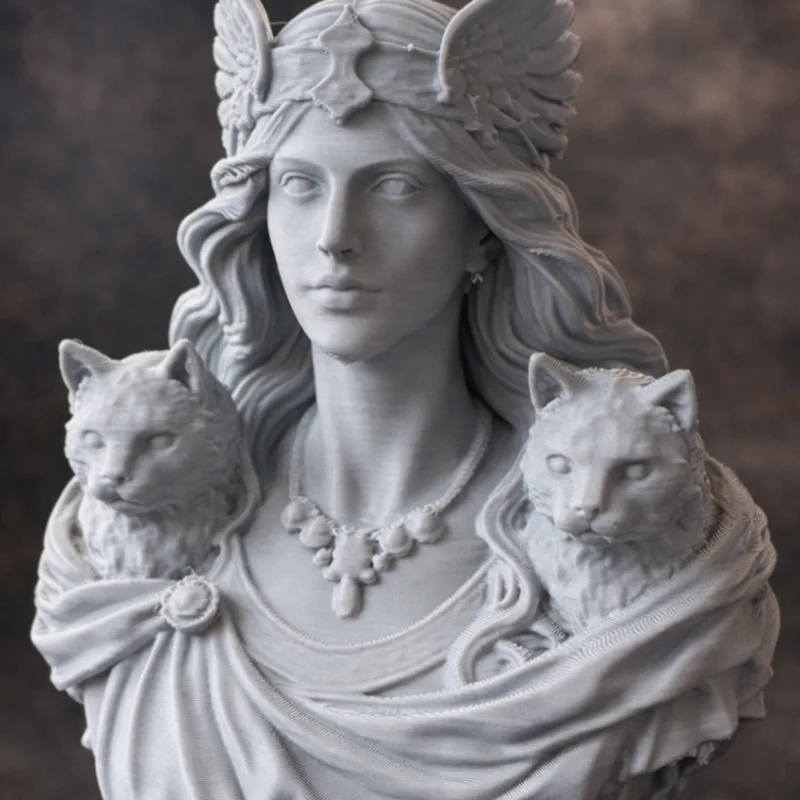 Freya Norse Goddess Bust Statue, Two Cats Sculpture, Viking Mythology Resin Figurine Decor Gift