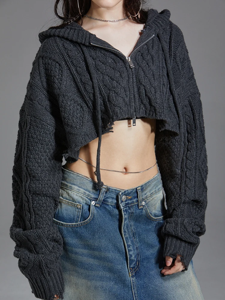 Rockmore Solid Hoodie Sweaters Women Autumn Winter Casual Knitted Loose Crop Sweater Coat Vintage Korean Female Hooded Knitwear