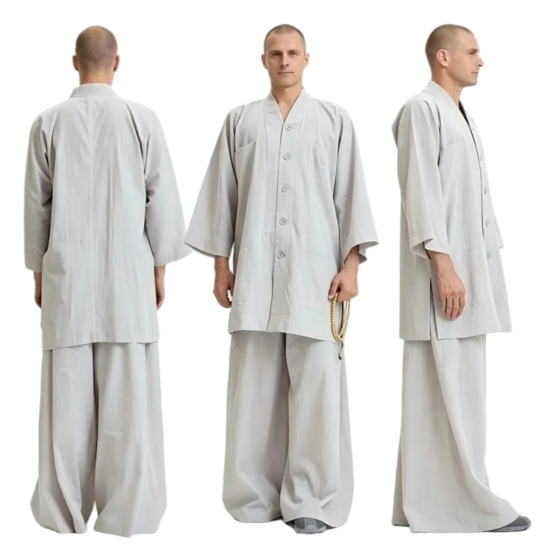 Zen Buddhist Monastic Casual Uniform Set 3/4 Sleeve Button Top & Wide Trousers Lay Practitioner Haiqing Clothing