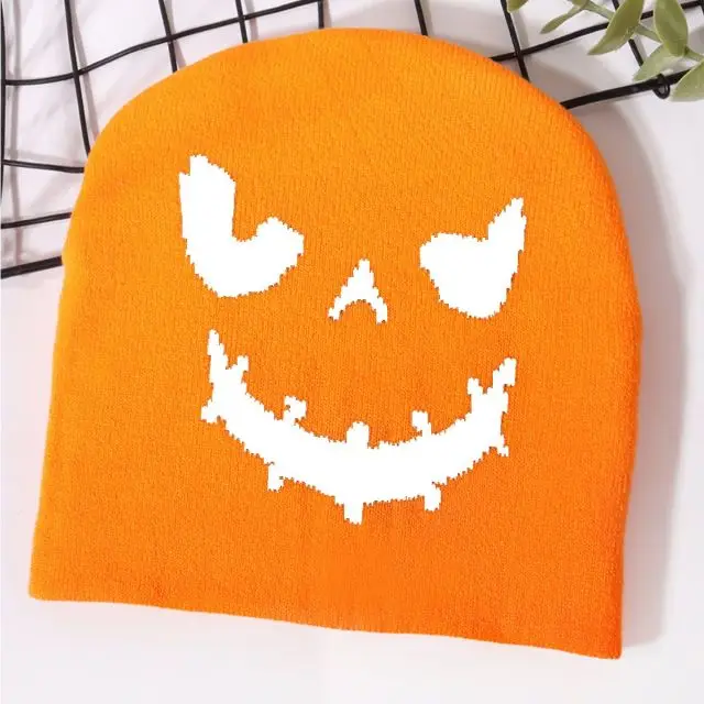 Unisex Pumpkin Face Embroidered Beanie Soft Warm Elastic Knit Hat Coldproof Cartoon Ghost Cap for Halloween Skiing Outdoor Activ