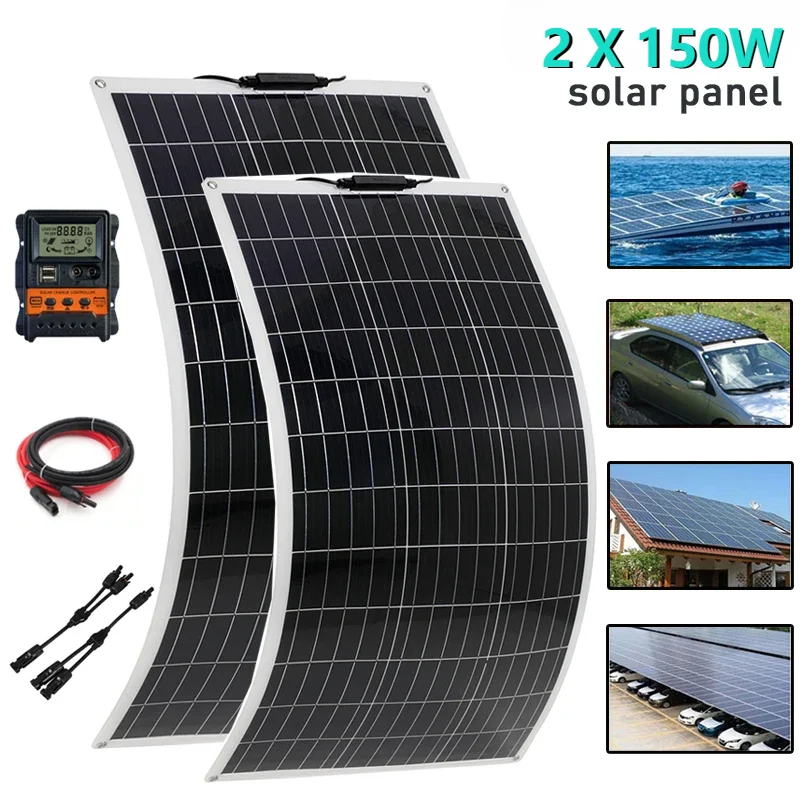 Portable Flexible Solar Cells Battery Charger for Camping Car RV Mobile Phone, PET Solar Panel Kit, 12V, 150W, 18V