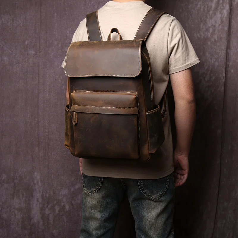 European And American Retro Handmade Crazy Horse Leather Men\'s Backpack Casual Fashion Top Layer Cowhide 15 Inch Computer Bag