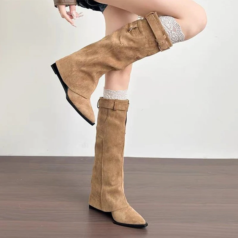 أسافين النساء أحذية الركبة عالية أشار تو أحذية الشتاء مثير عالية الكعب أحذية طويلة 2025 مضخات الحفلات الجلد المدبوغ حذاء الثلج عالي الرقبة دافئ Mujer