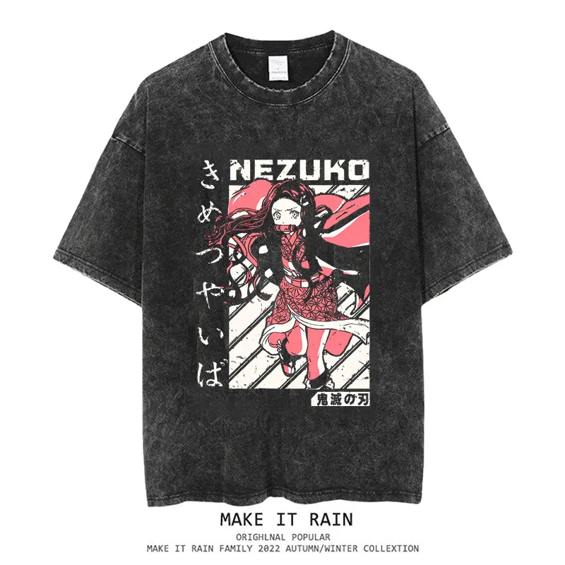 

2026 Demon Slayer Blade Love Snow Third Brother Xiaowo Seat Hug Head Kill Wash Used Cotton Short Sleeved T-shirt