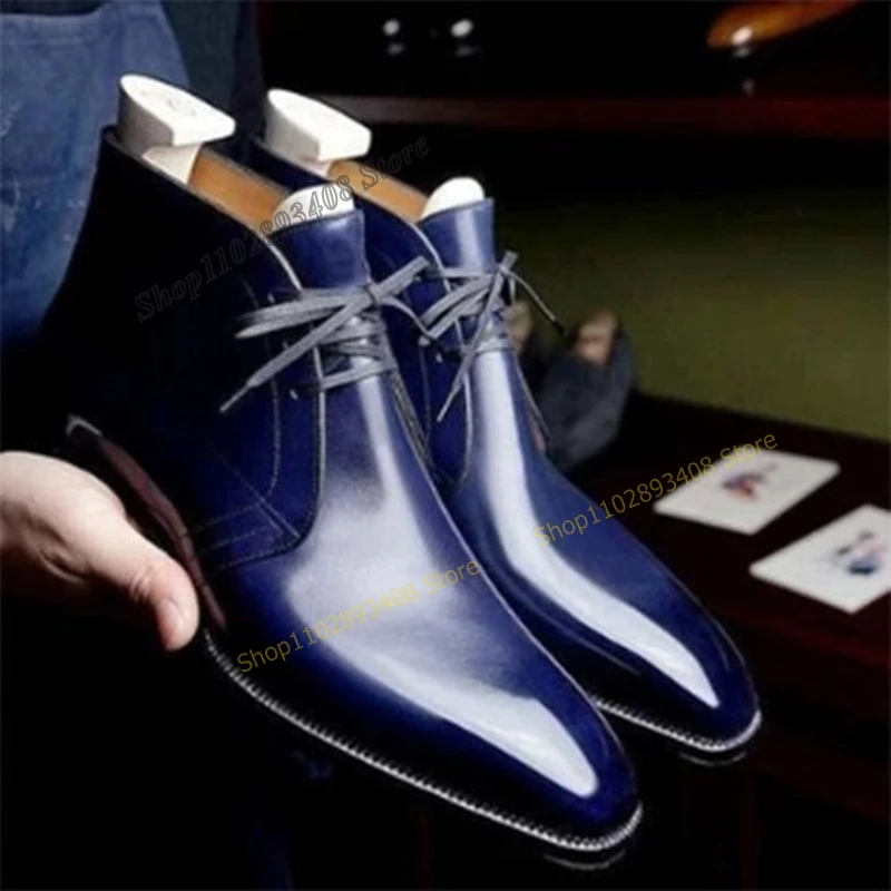 Deep Blue Leather Men Dress Shoes Cross Tied Business Party Wedding High Quality Flat Men Shoes Luxury 2023 Zapatillas Mujer