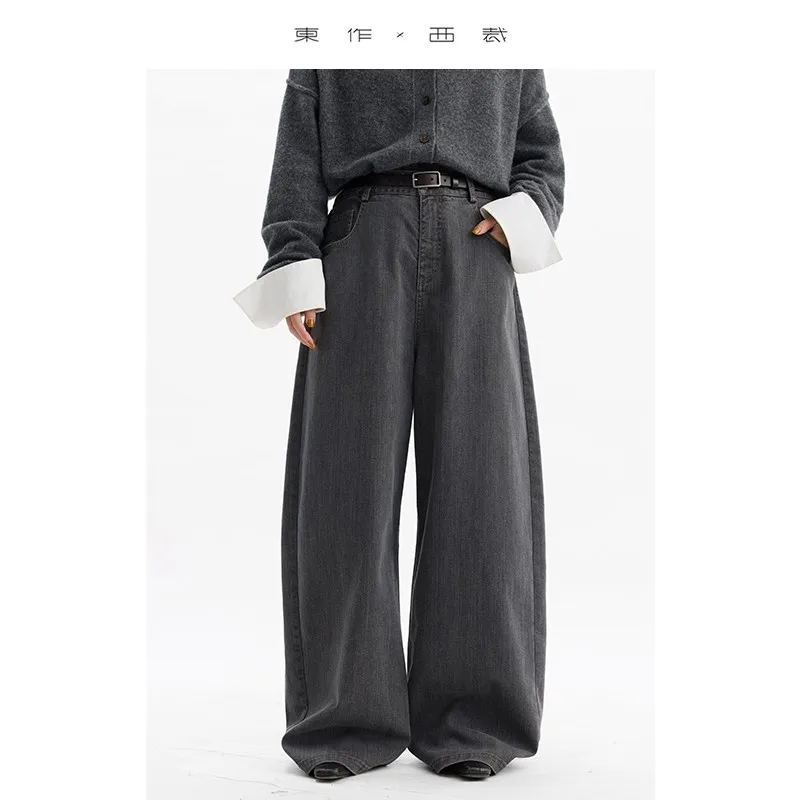 

Потертые джинсы с высокой талией в американском стиле ретро, повседневные свободные широкие брюки с начесом, новый стиль осень-зима 2025 года для женщин