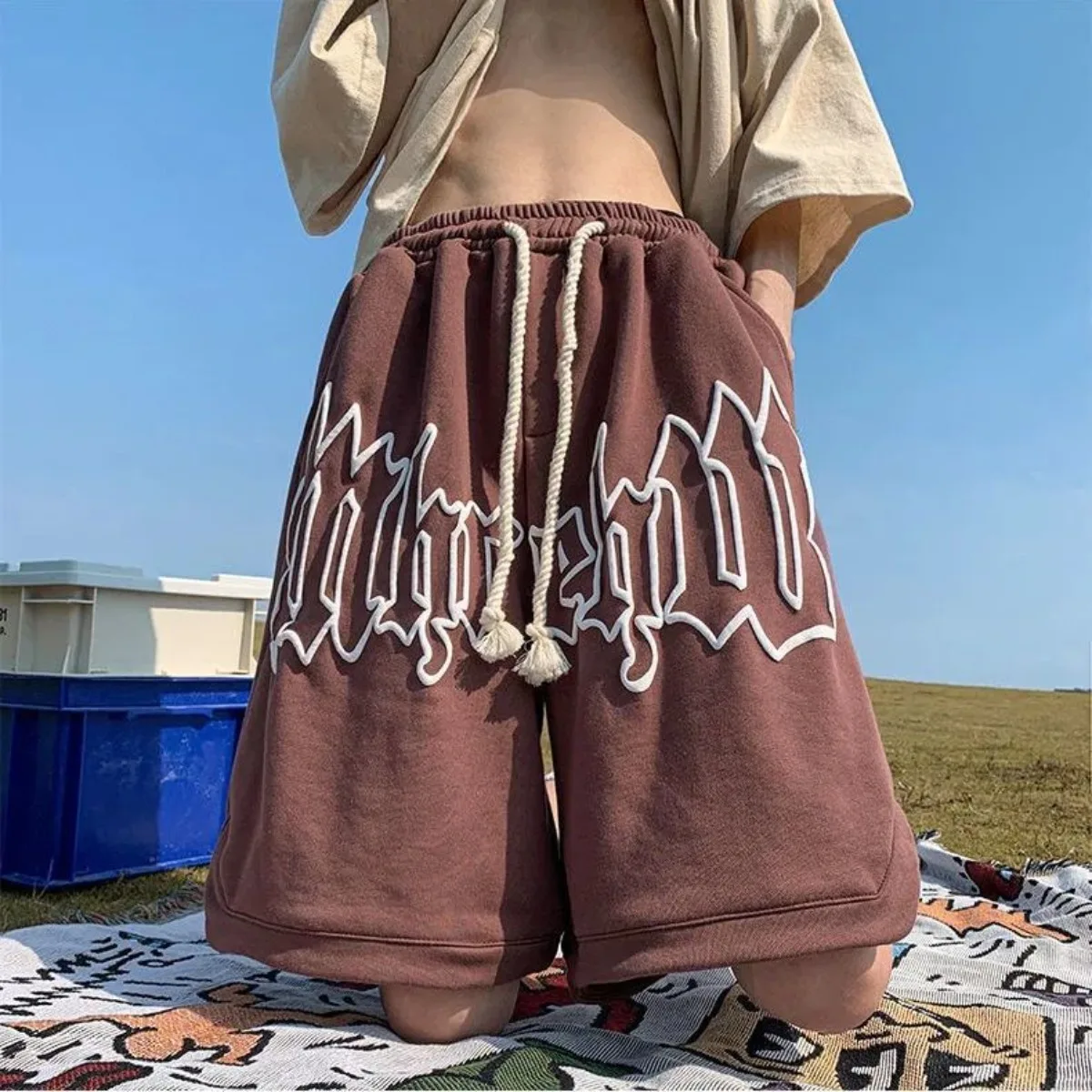 Summer Men Sweatpants Casual Loose Shorts Men's Beach Shorts Trousers Solid Color Drawstring Basketball Pants Sportswear Men