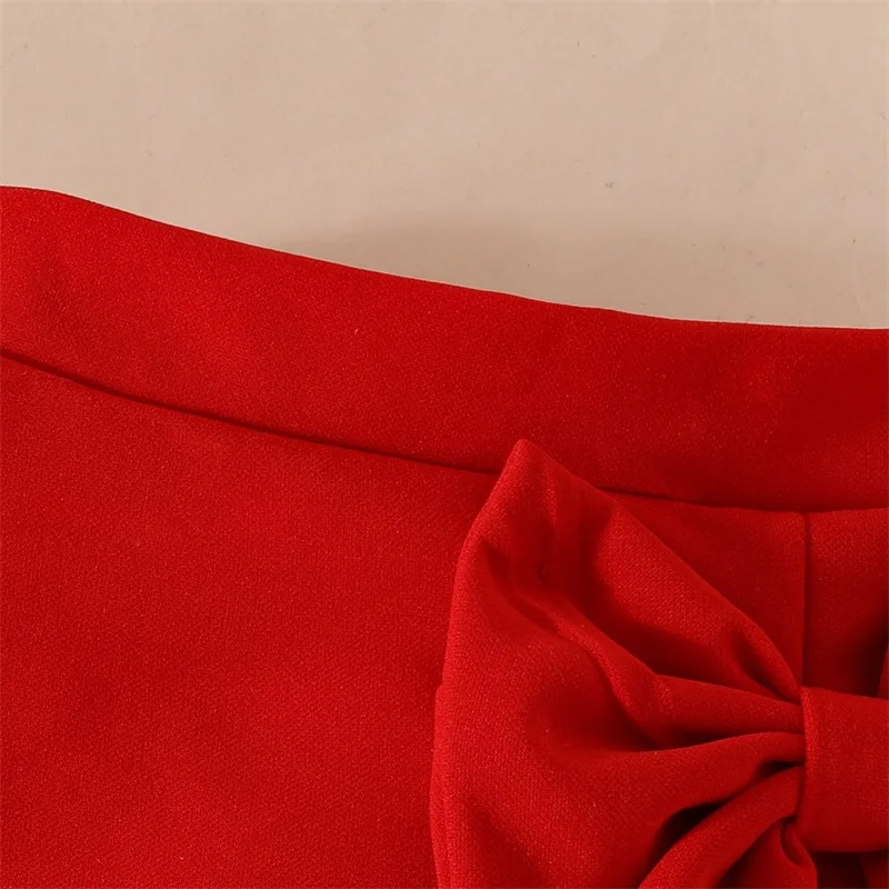 ملابس صيفية للفتيات الصغيرات بأكمام مضلعة ورقبة دائرية مع تنورة فيونكة صلبة ومجموعة من 3 قطع #6