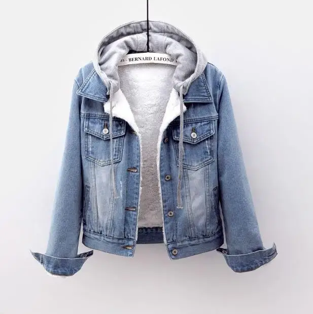 Women's Winter Denim Jacket with Removable Hood, Thickened Cotton Coat, Warm Fleece Lining, Short Style