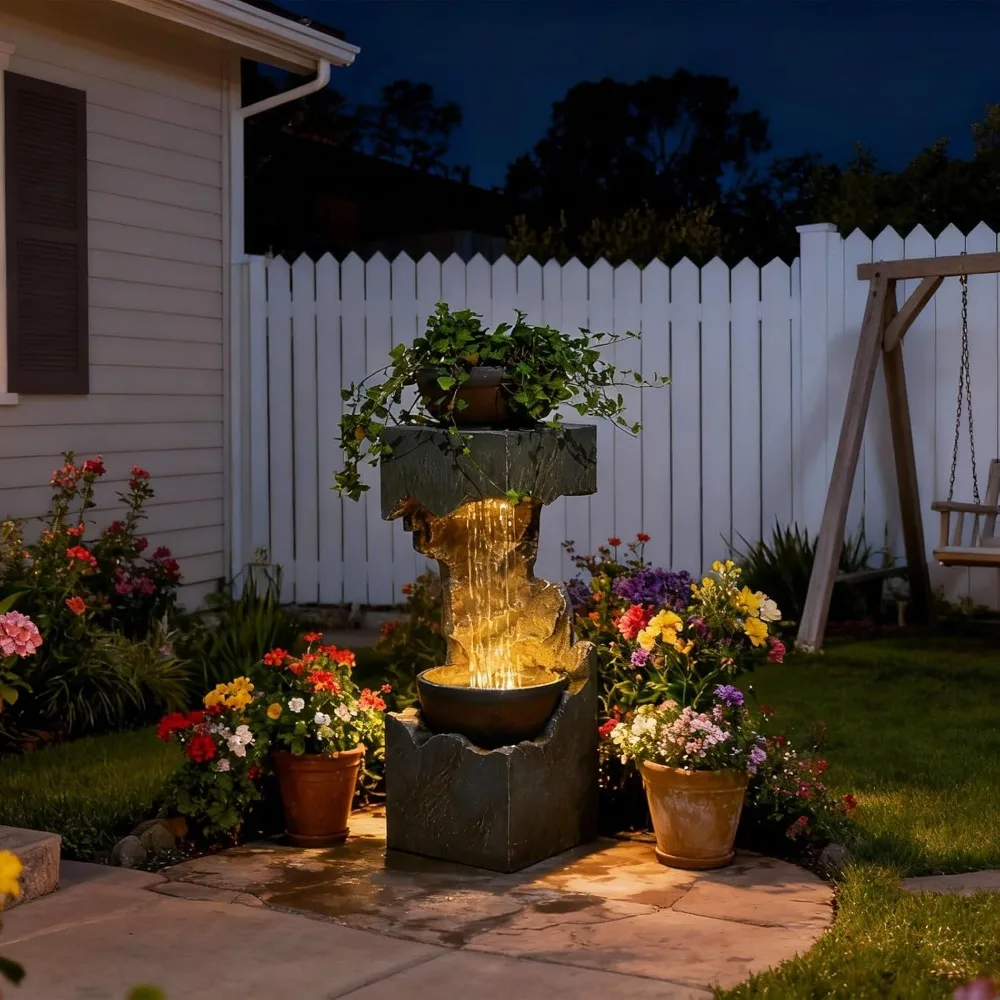 

37.4''H 2-Tiered Rainfall Bowl Garden Water Fountain with LED Lights and Pebbles, Modern Crackled Stone Feature Waterfall