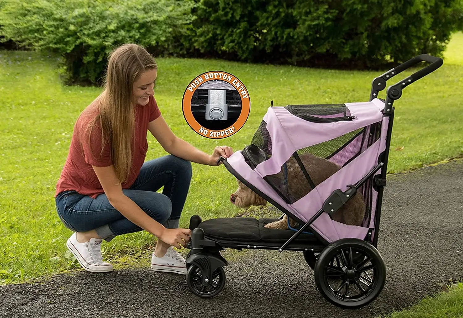 Pet Stroller with Dual Entry, Push Button Entry for Single or Multiple Dogs/Cats