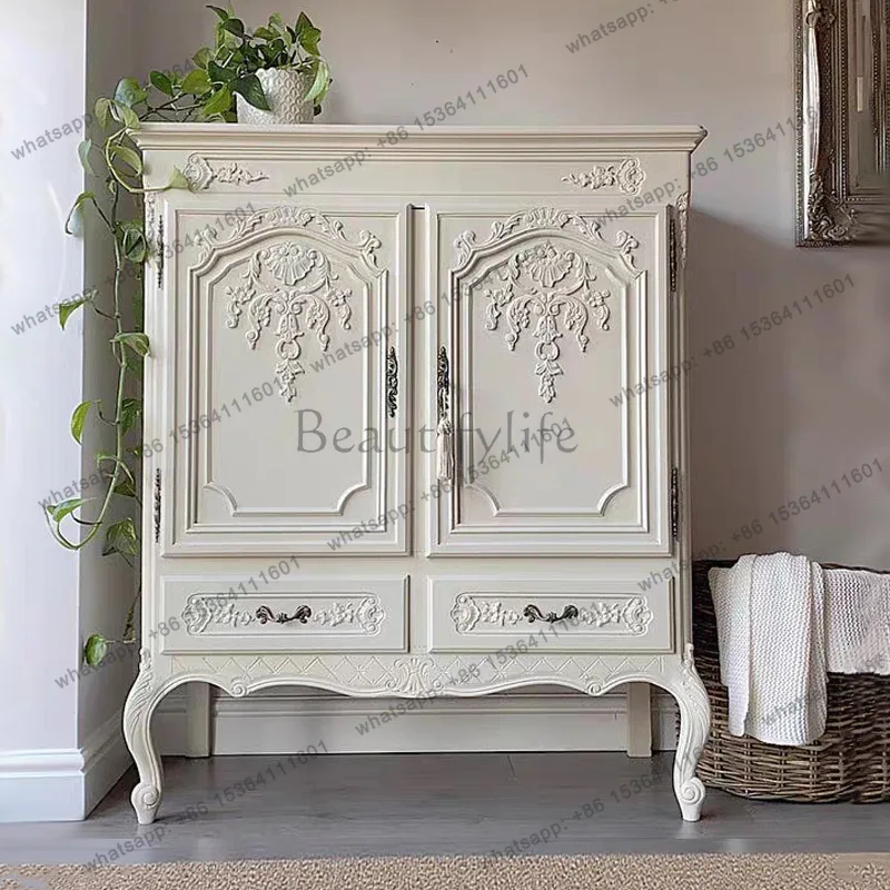 

French retro solid wood dining side cabinet simple living room advanced carved storage locker