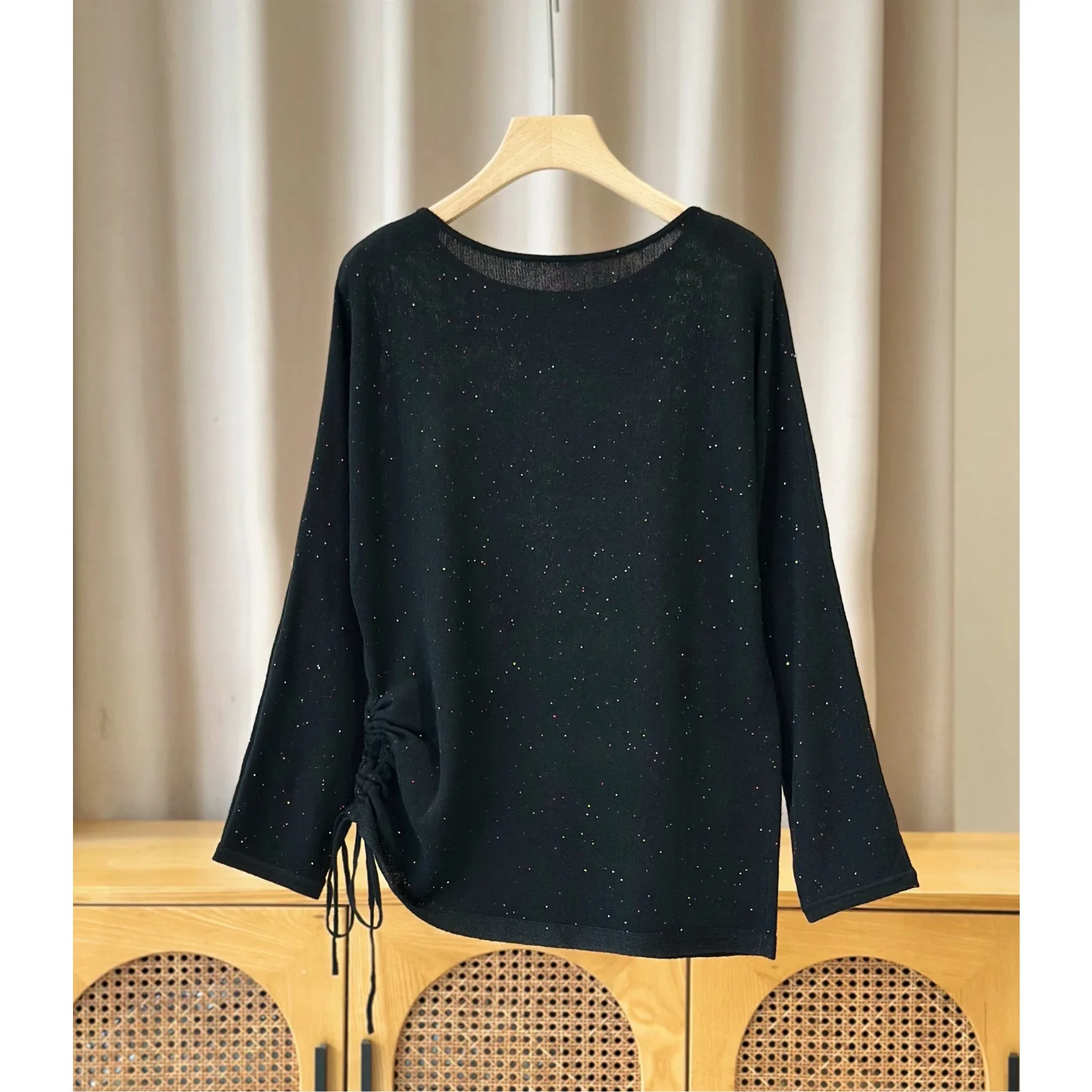 Women's 2026 Autumn Winter New Round Neck Sequin Drawstring Pleated Slim Long Sleeved Knitted Top