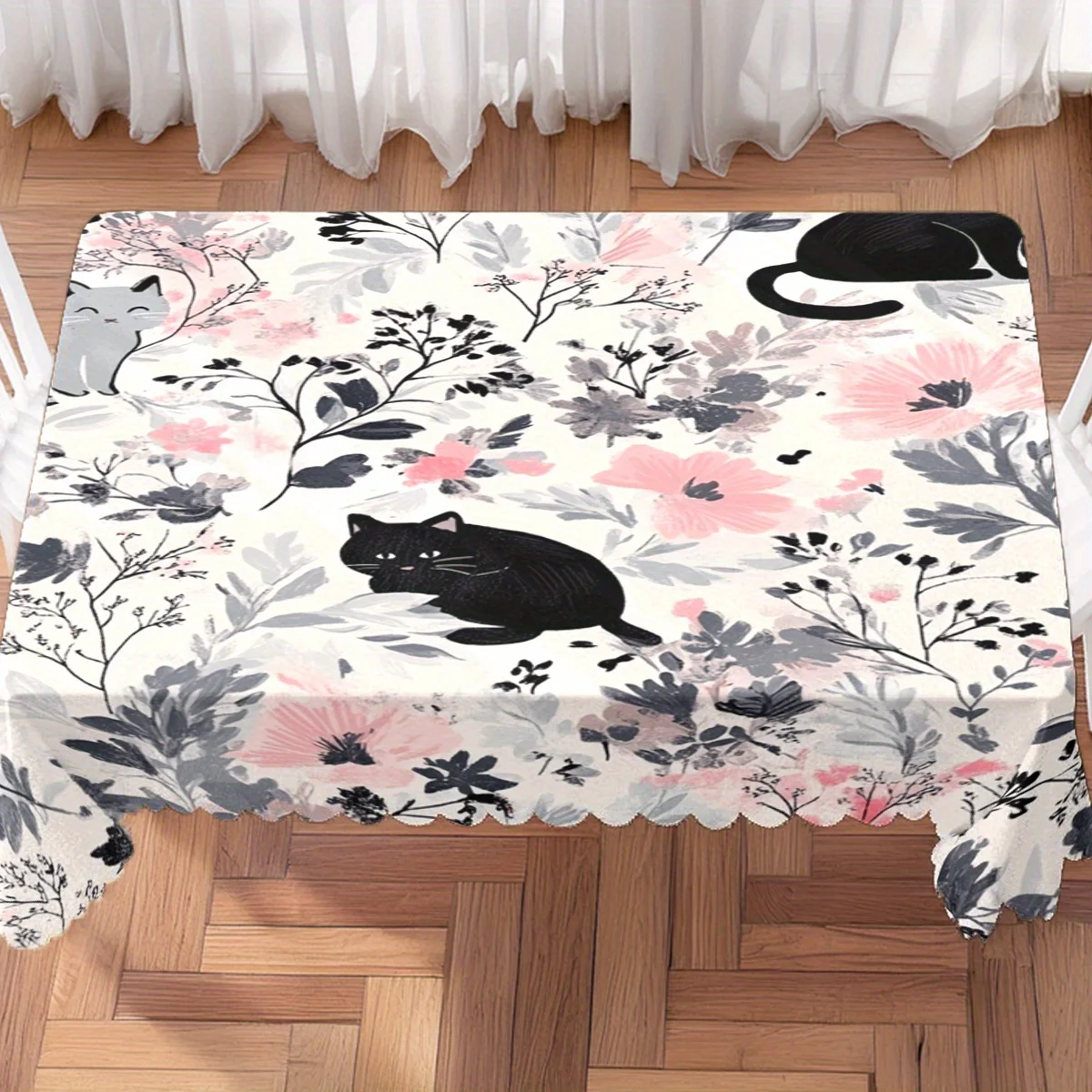 Black Gray Cat Pink Floral Tablecloth, Soft Rectangular Washable Table Cover for Daily Dining & Warm Family Gathering Decoration