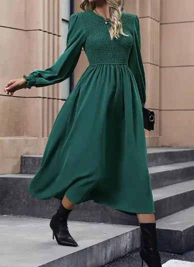 فستان نسائي لخريف وشتاء 2025 موضة جديدة غير رسمية بلون سادة ورقبة دائرية وأكمام طويلة ملابس نسائية #4