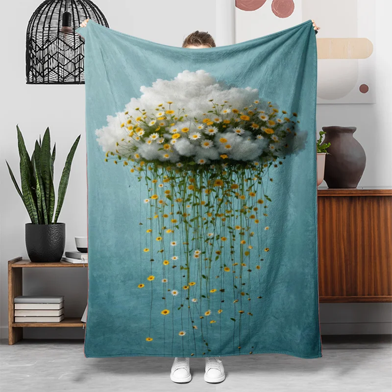 Surreal Cloud Daisy Flannel Blanket, Dreamy Hanging Yellow White Floral Pattern Lightweight Throw Blanket for Bed Couch Home Use