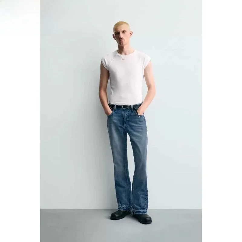 

Men's Casual Washed Cotton Denim Bell Bottoms Spring Autumn New Style Loose Fit mid Waist Zipper Closure Youth Jeans