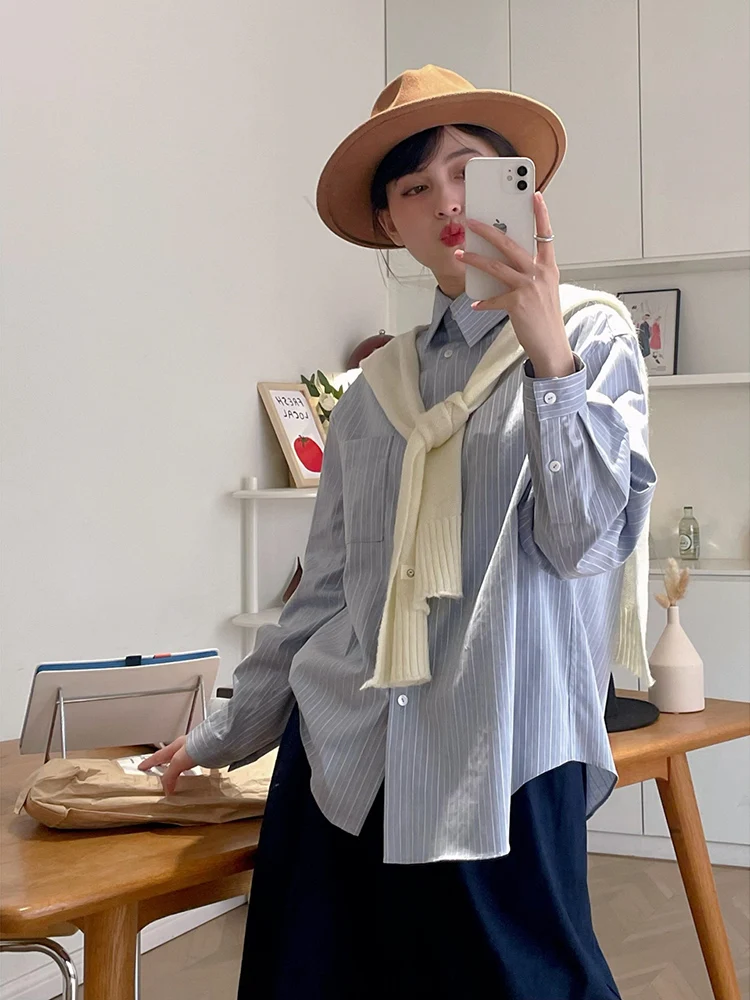 

Blue Striped Women's irt 2024 Spring New Design OL Profional Commuting Top Loose Fit Long Sve Cotton Korean Sle