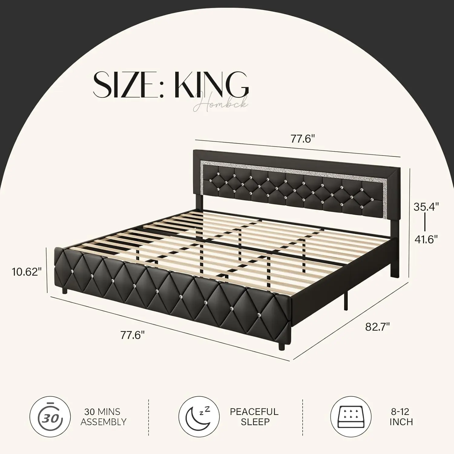 King Bed Frame, Upholstered Bed Frame King Size with Diamond Tufted Headboard, Faux Leather Headboard & Footboard,Black