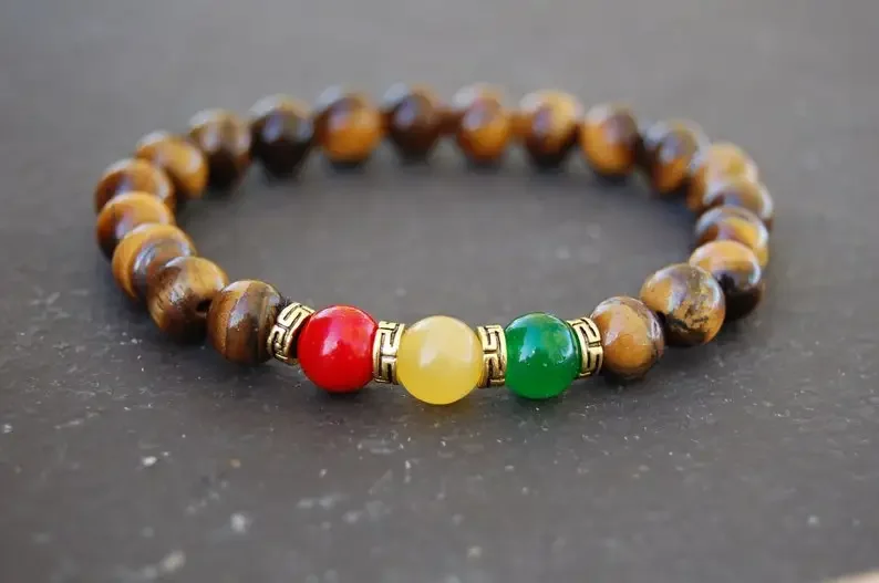 Tiger Eye Rasta Bracelet, Gem 8mm Beads, Red and Green topaz, Reggae Bracelet, Good Luck, Men, women, Tiger Eye Bracelet