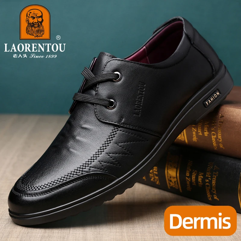 LAORENTOU genuine leather soft sole men's casual leather shoes, cowhide breathable, lightweight, non slip lace up leather shoes