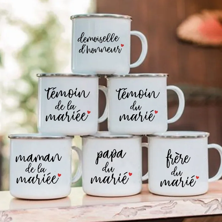 Tasse en émail imprimée française, meilleur homme, demoiselle d'honneur, Camping, enterrement de vie de jeune fille, tasse à café, cadeau de mariage pour témoin, amis, famille