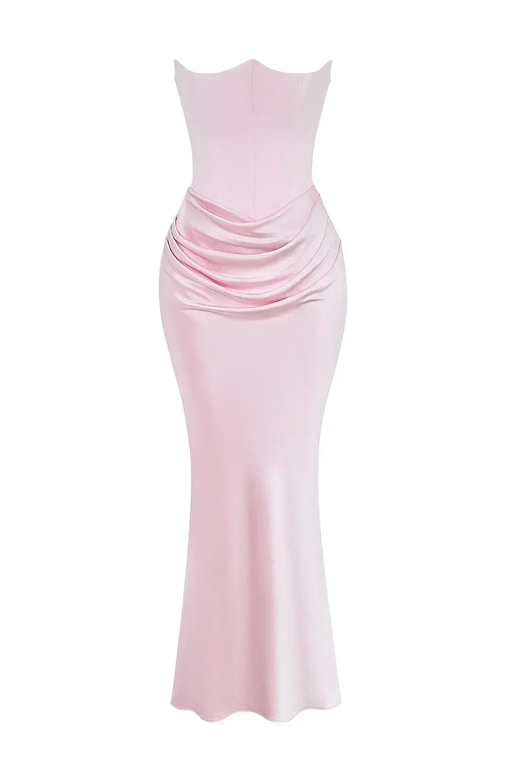 

Solid Color Tube Top Fishbone Pleated Long Hip-wrapped Satin Mermaid Formal Evening Dress