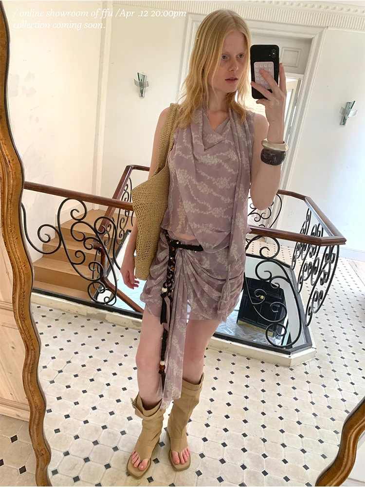 

Асимметричный женский комплект Neline FFU с 3D-плиссированной юбкой и шифоновым топом с принтом для праздничных полупринциальных мероприятий