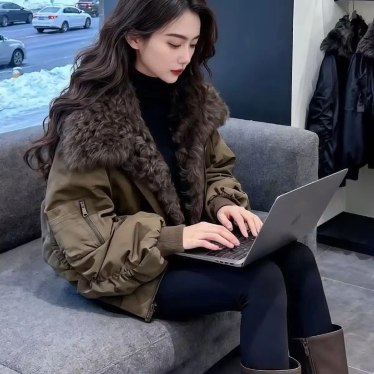 Brown Fur Collar Tooling Cotton Clothes Women's Short Winter New Loose Ttemperament Thickened And Thin Non-Collision Chic Coat