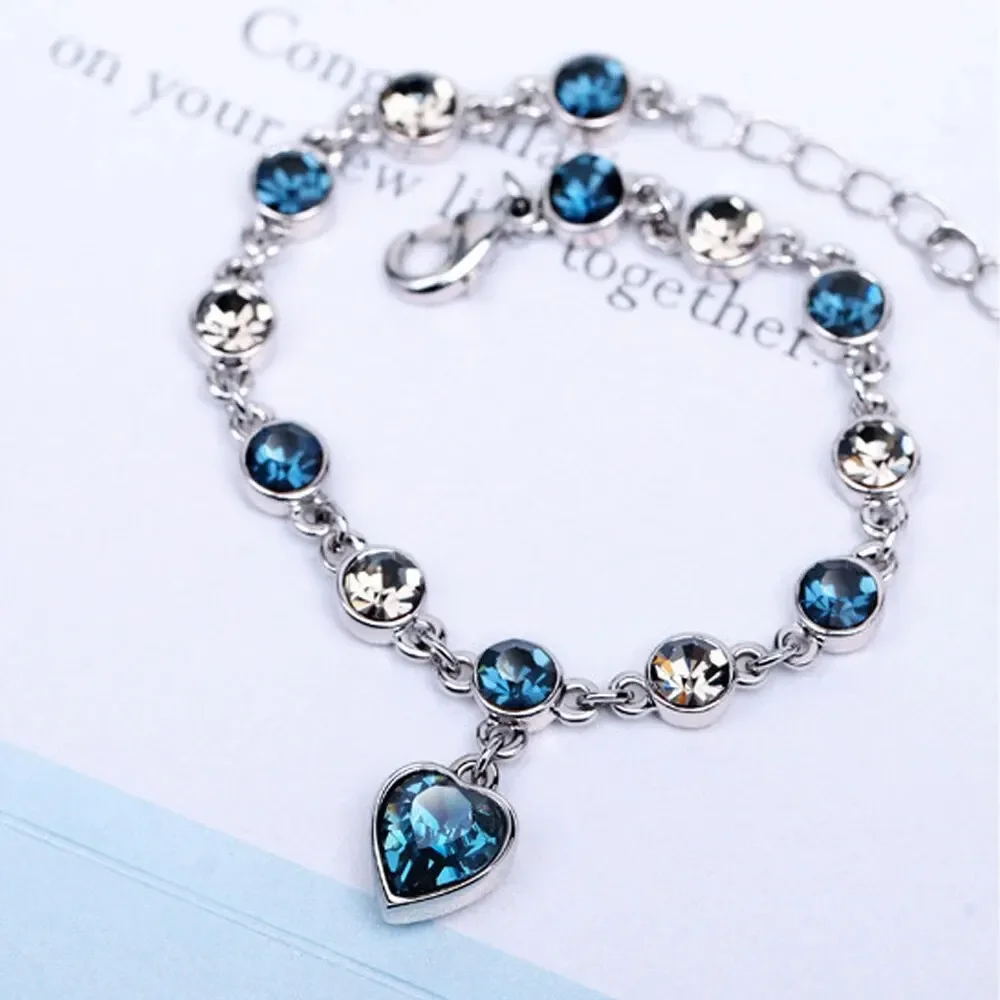 Women 925 Silver Lucky Bracelet Female Blue Crystal Heart Charm Pulseras Bracelet Bridal Wedding Engagement Fine Jewelry Gift