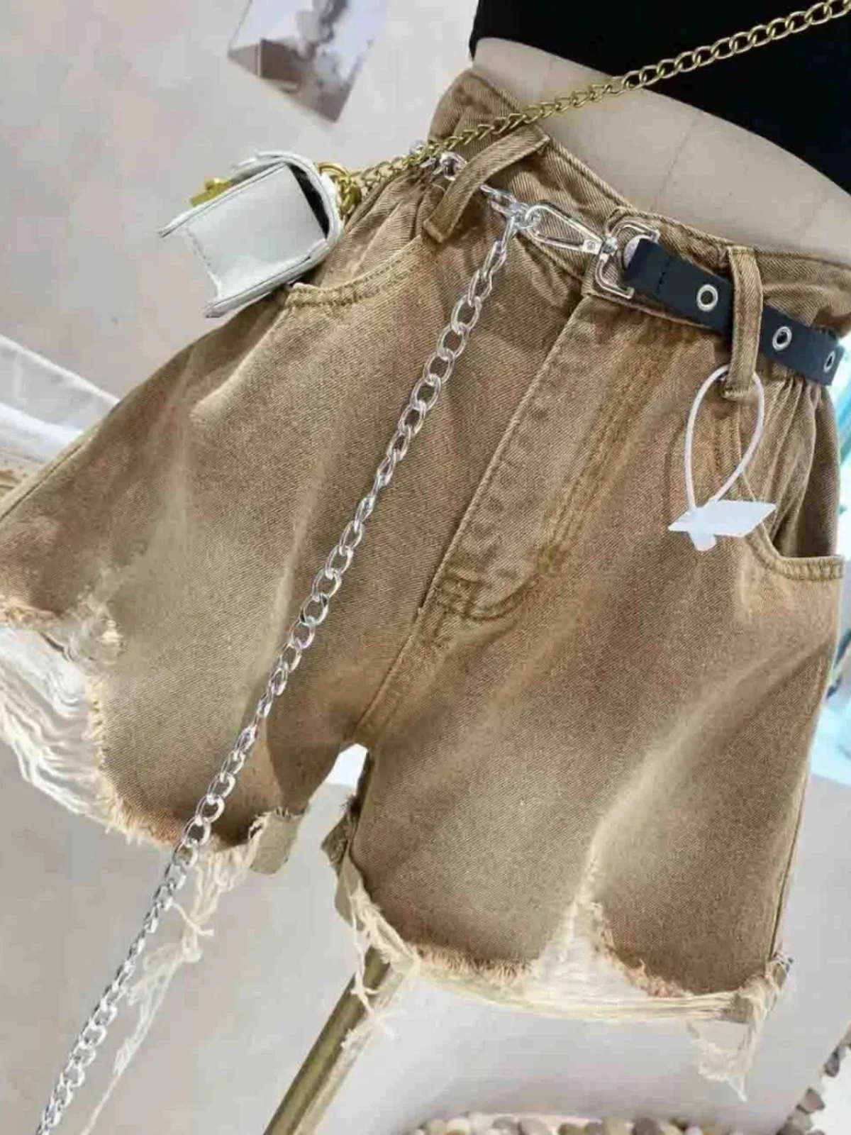 

High Waist Denim orts Women's Summer New Sle Loose Hole Frayed A-Line Wide Leg Hot Pants Tassel Decorated Pure Color Jeans