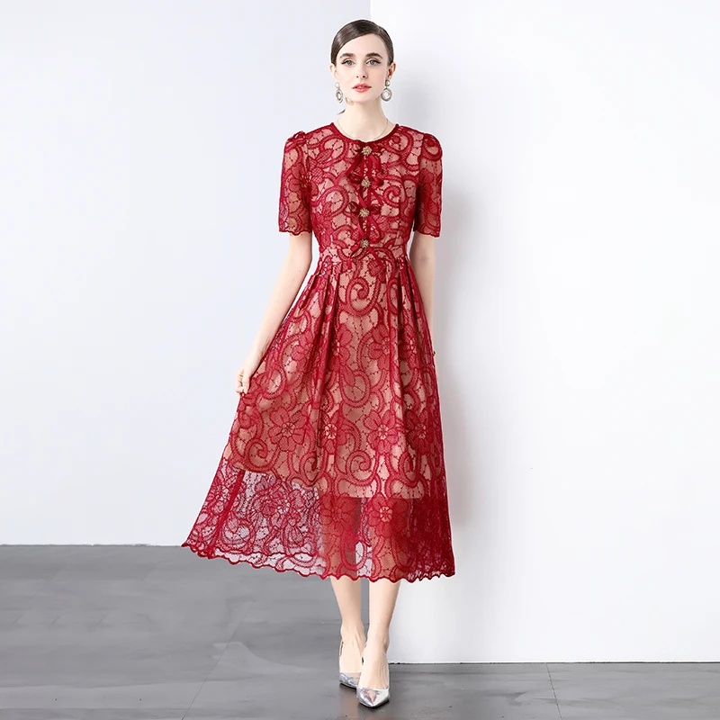 Summer Elegant Short Sleeve Lace Embeoidery Flower Party Dresses for Women
