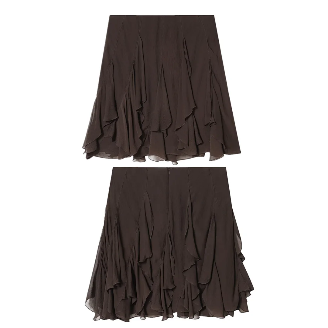 

Jenny&Dave Cascading High Waist Mini Skirt Women Fashion Office Ladies Elegant Coffee Color Skirt Woman Clothing Faldas Skirts