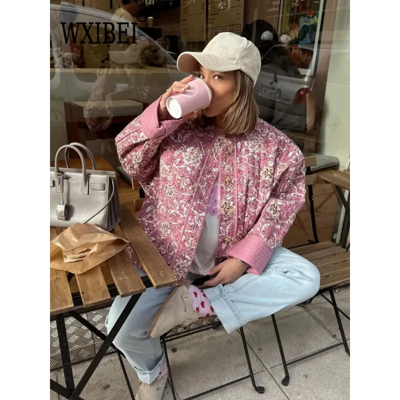 Women Fashion Loose Floral Printed Cotton Jacket Elegant Stand Collar Long Sleeve Single Breasted Coat 2024 Lady Chic Streetwear